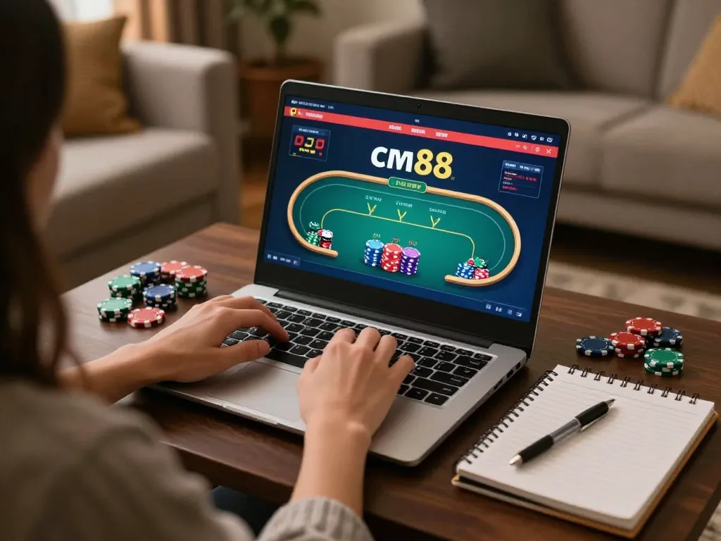 Engaging user enjoying cm88 poker game on laptop, vibrant home setting enhancing online gaming experience