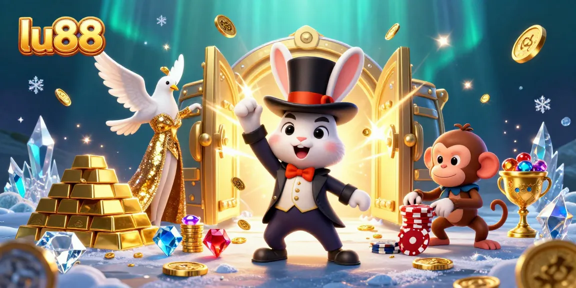 Experience the excitement of lu88 as a magician rabbit pulls coins, amid dazzling casino treasures.