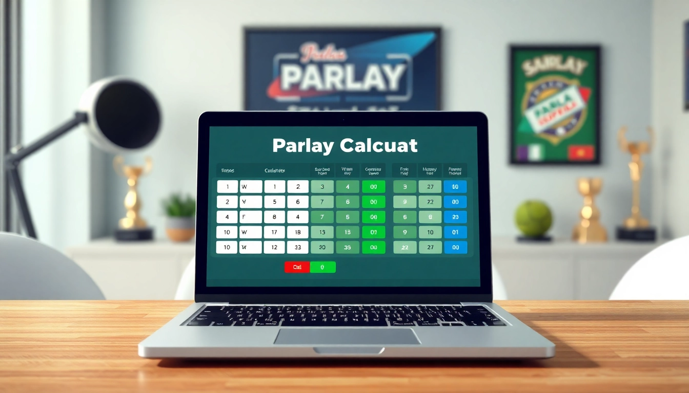 Interactive Parlay Calculator interface displayed on a sleek laptop in a vibrant workspace.