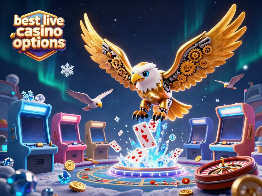 Engaging illustration depicting best live casino options with a cybernetic eagle and casino elements.