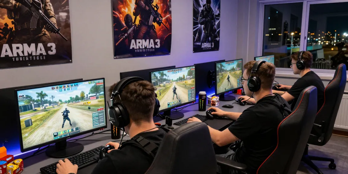Engaged gamers using ArmA 3 Hacks in intense gameplay setting.