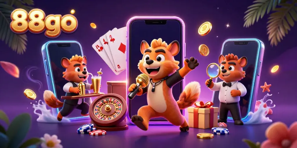 Join the fun at 88go with hyenas in a casino scene, including slot games and cocktails!