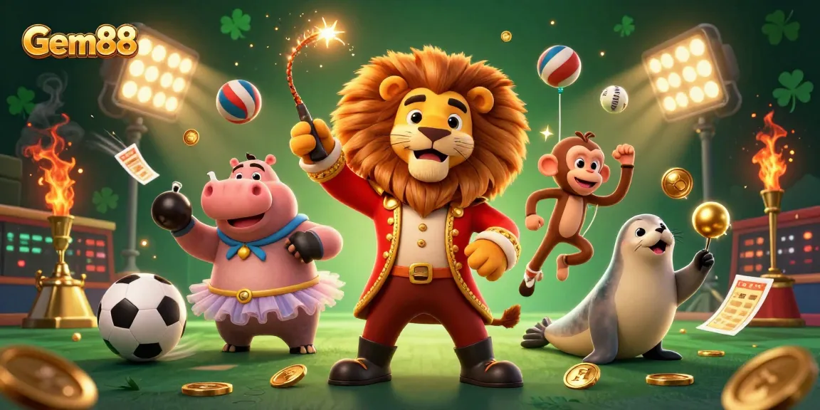 Experience the thrill of gambling with Gem88, highlighting vibrant characters and dynamic sports betting elements.