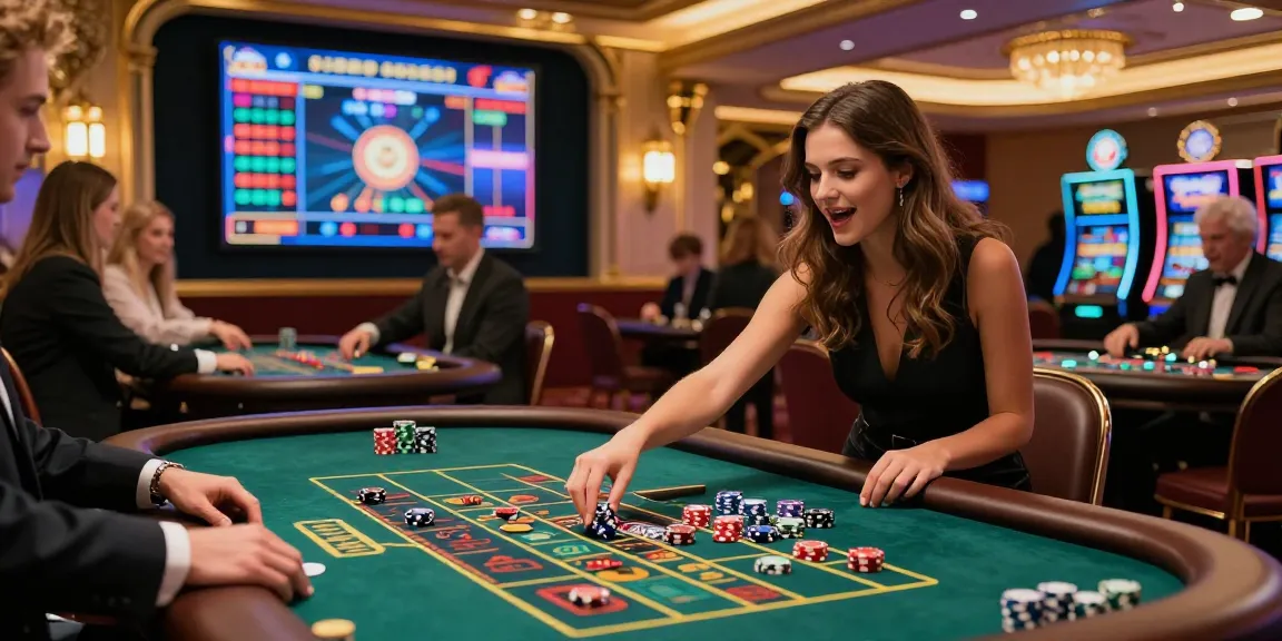 A player at a vibrant non UK casino enjoying a live dealer roulette game, showcasing excitement and elegance.