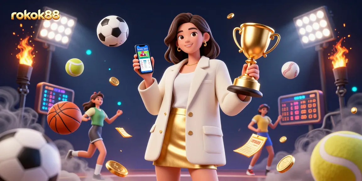 Engage with rokok88's vibrant sports betting scene featuring a friendly Asian woman and trophy elements.