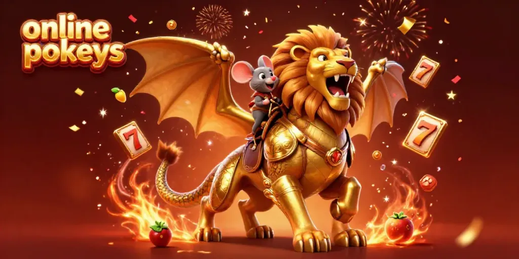 Experience thrilling online pokies action with a golden chimera and lucky symbols, celebrating big wins!