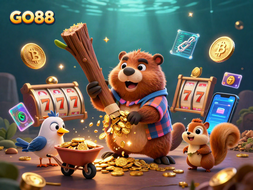 Collect gold coins in GO88 with a lively casino scene featuring a cartoon beaver and friends.