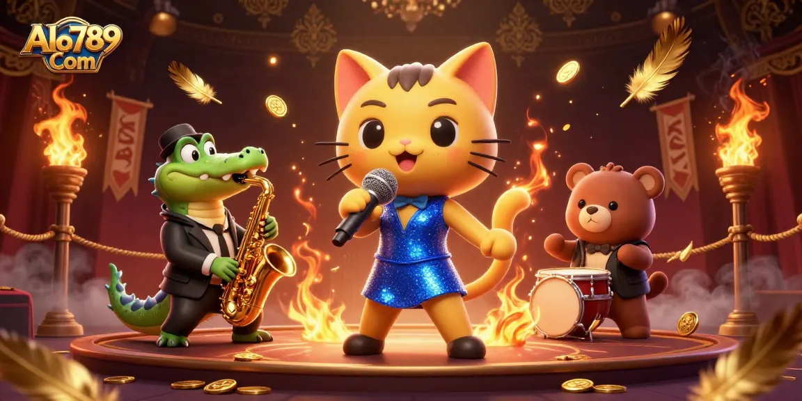 Experience vibrant gaming at Alo789 Com with jazz-singer cat, crocodile and bear cub in dynamic casino scene.