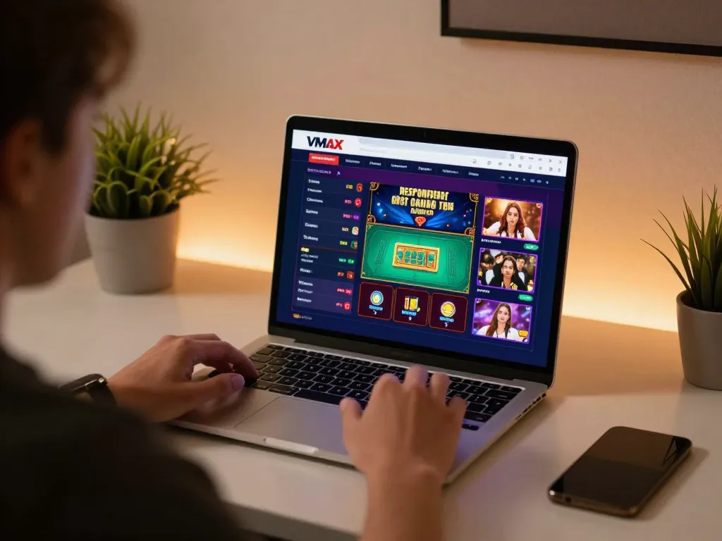Engaging gaming session on Vmax trang chủ with laptop displaying casino games and strategic options