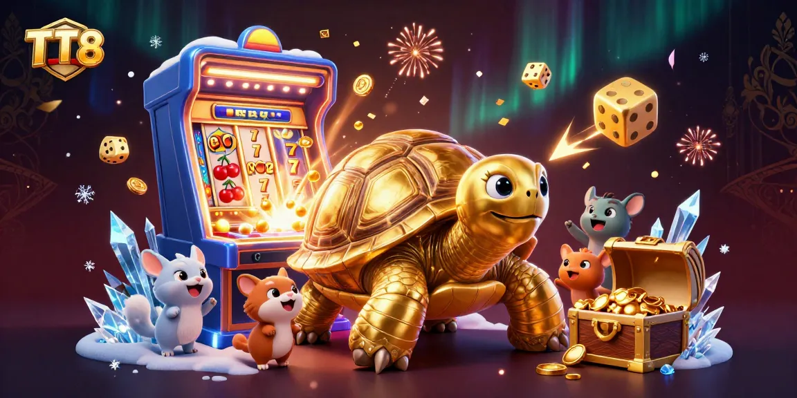 TT 88 game illustration showcasing a golden tortoise pinball machine with dynamic casino elements.