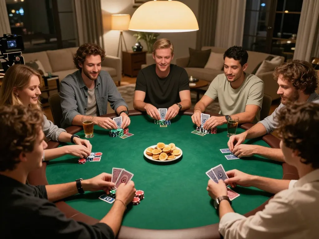 Players enjoying poker at home with luckywin cards and chips during an exciting game night.