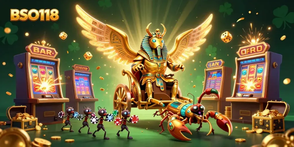Join the thrill of BSO118 with vibrant casino game action including jackpot slots and glimmering treasure.