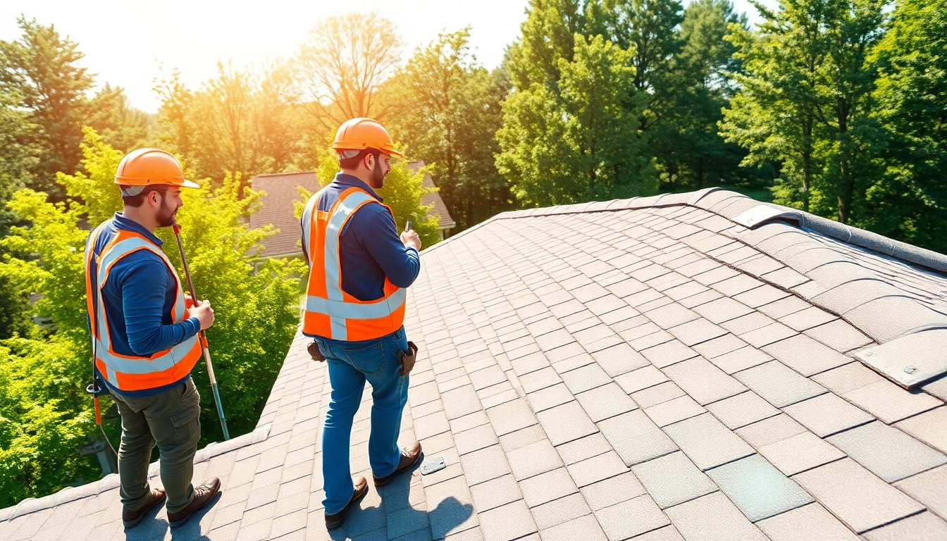 Skilled professionals from a roofing company inspecting a shingled roof on a sunny day.