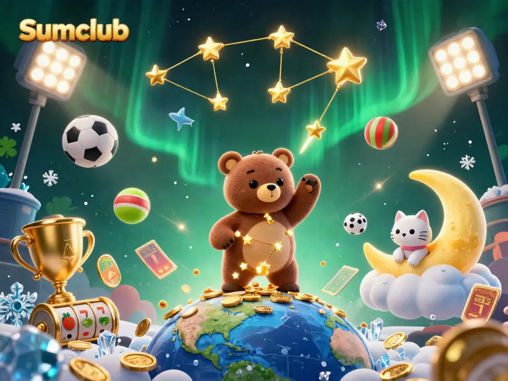 Discover thrilling gaming at Sumclub, featuring a constellation bear scooping coins under a starry sky.