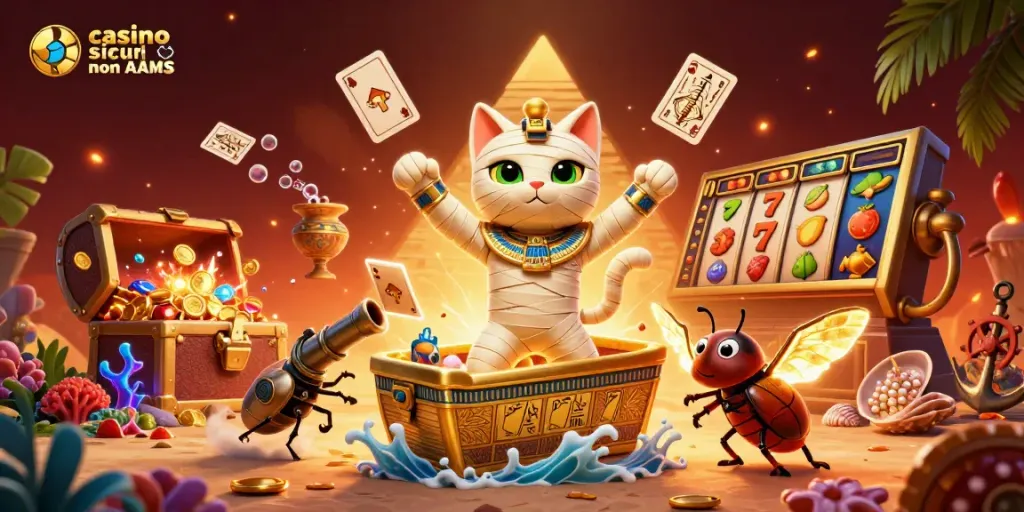Slots e avventure nei casino sicuri non AAMS con un gatto mummificato e tesori esotici.