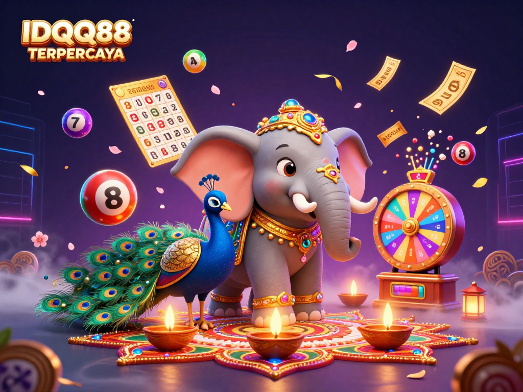 IDQQ88 TERPERCAYA brings luck with lively lottery elements and festive characters in a vibrant casino setting.