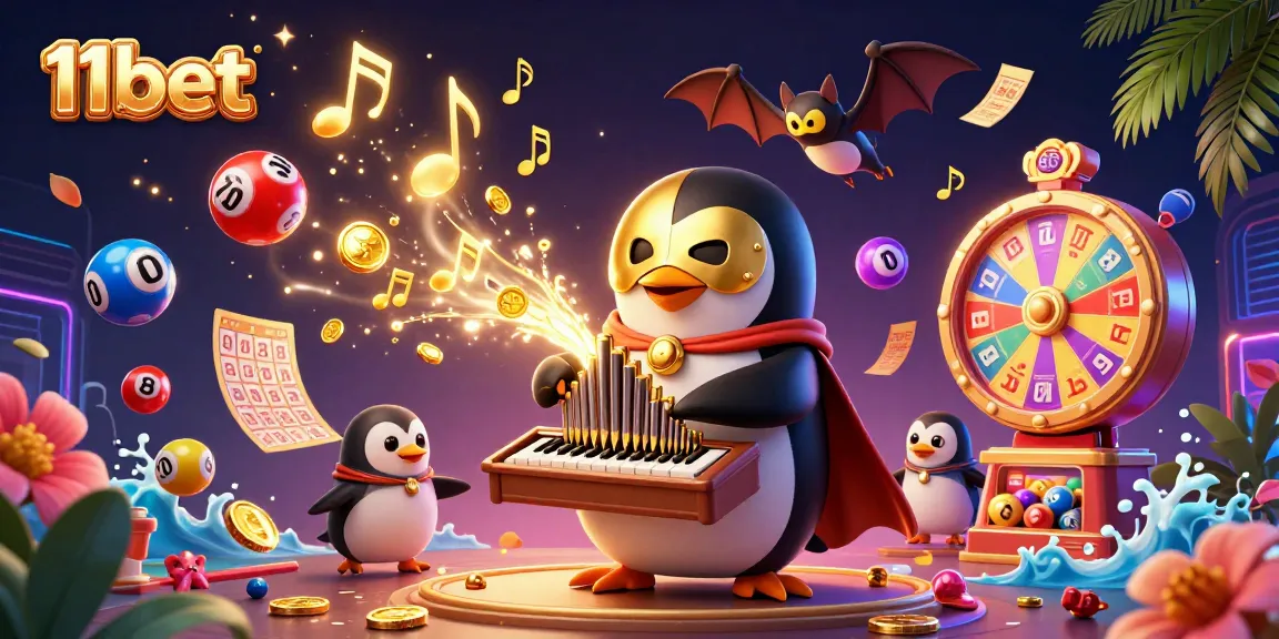 Engage with lively 11bet lottery scene featuring a penguin organist amidst dynamic lottery elements.