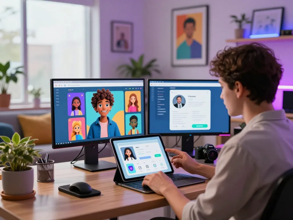 User interacting with Crushon AI on a tablet, showcasing vivid AI character chats and customization options in a modern workspace.