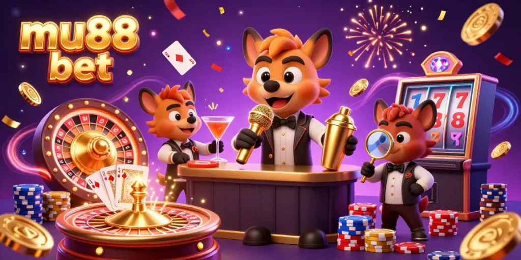 Experience the excitement of mu88 bet with lively hyenas in a bustling casino scene, showcasing games and vibrant energy.