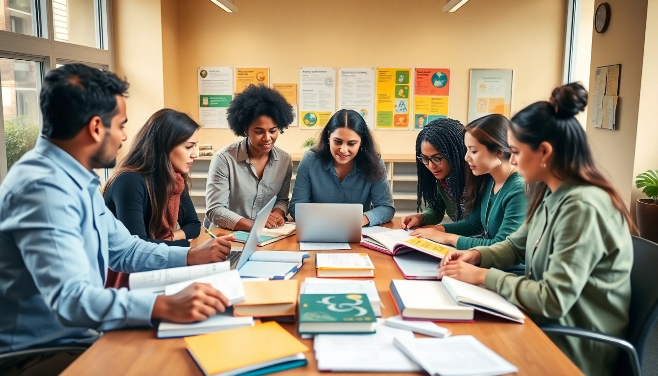 Group of TOEFL test takers for hire collaborating in a bright study environment.