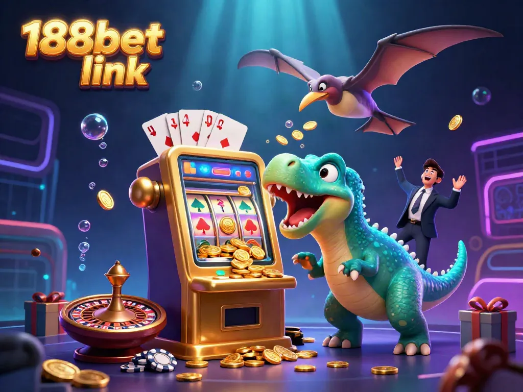Experience the thrill of winning with 188bet link as the pachycephalosaurus celebrates jackpot wins amidst a vibrant casino scene