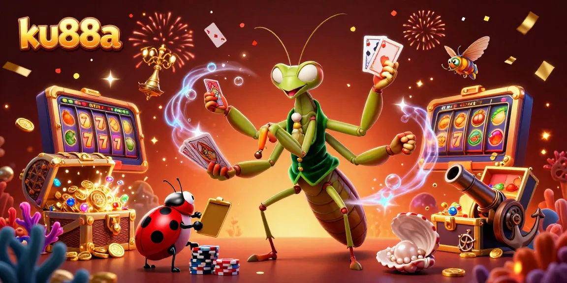 Experience the vibrant casino action with ku88a's 3D mantis dealing cards and gold spilling.