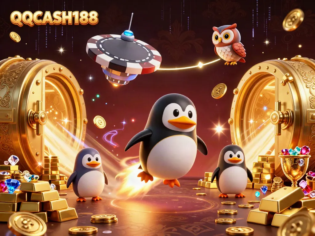 Experience the thrilling QQCASH188 gaming world with a golden penguin and spectacular casino elements.