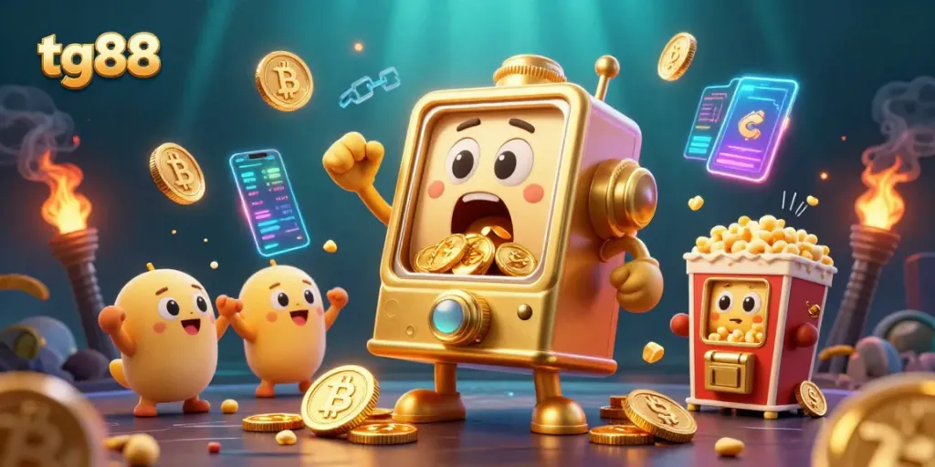 Experience tg88 jackpots with a dynamic 3D golden slot machine and cheering companions in a vibrant casino scene.