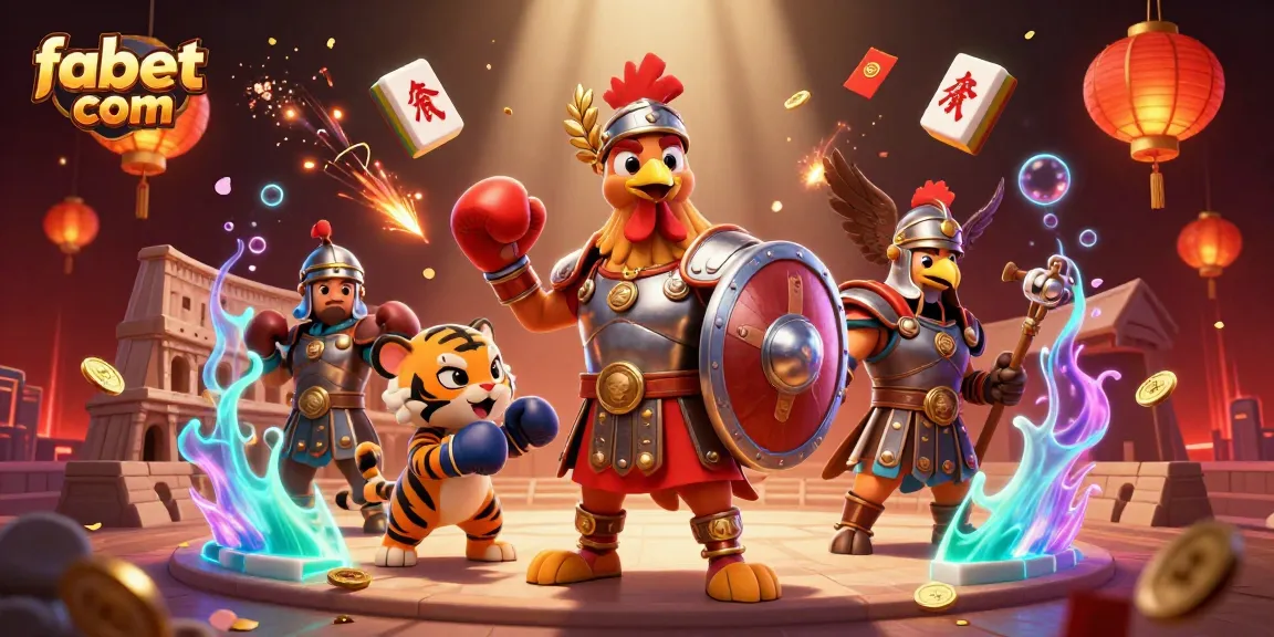 Experience vibrant gaming action with fabet com's dynamic 3D casino illustration featuring a gladiator rooster.