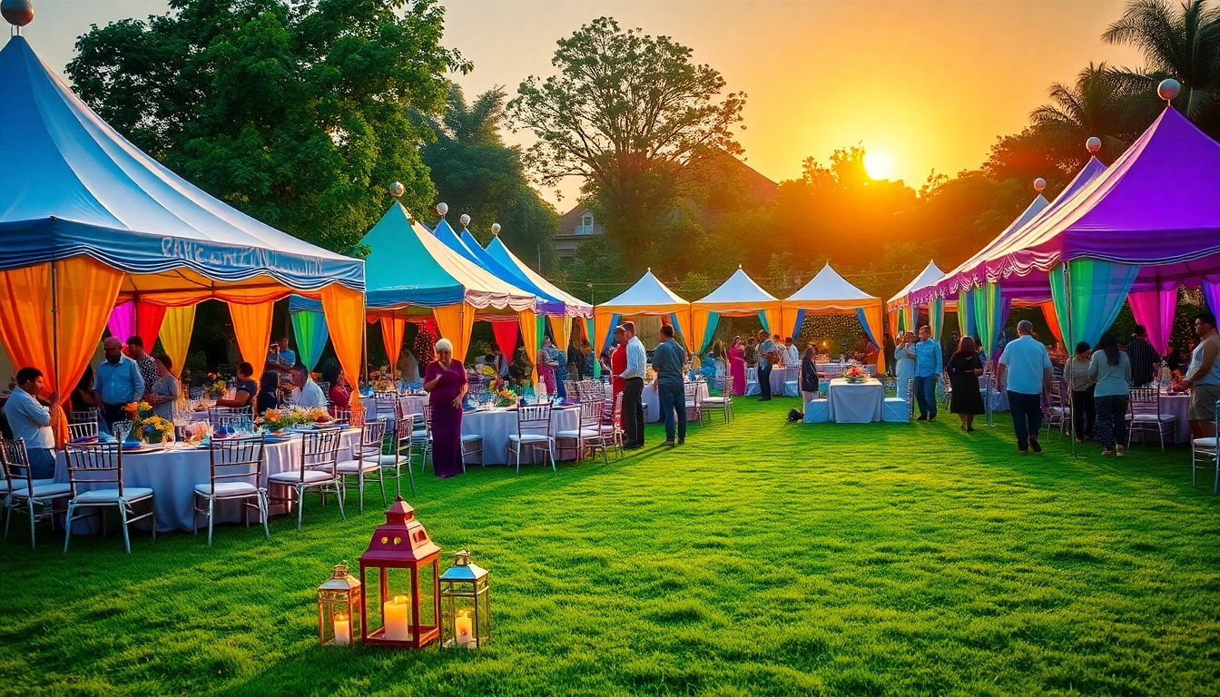 Celebrate with vibrant outdoor party rentals showcasing tents and festive decor in a beautiful garden.