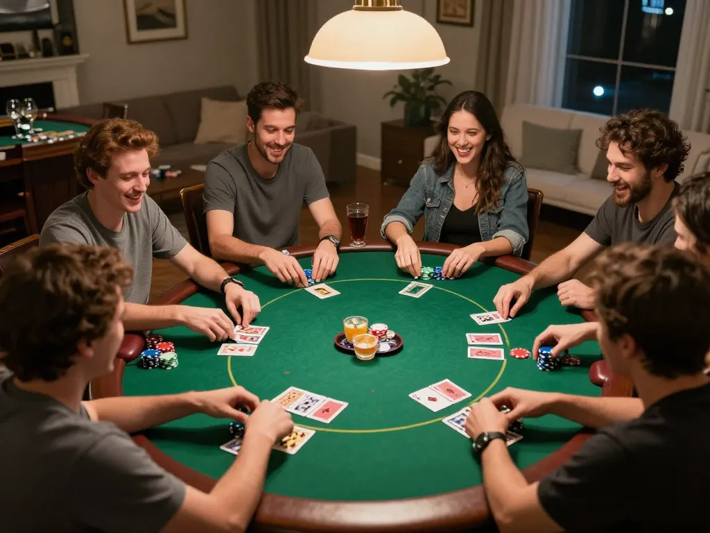 Người chơi 12bet thưởng thức một đêm poker sôi động tại nhà, thể hiện chip và sự phấn khích