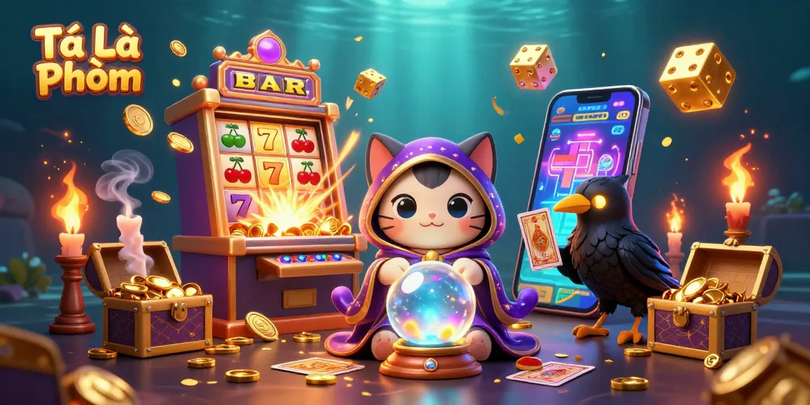 Tá Lả Phỏm engaging scene with a fortune teller cat, raven, and dynamic slot machine displaying exciting casino action.