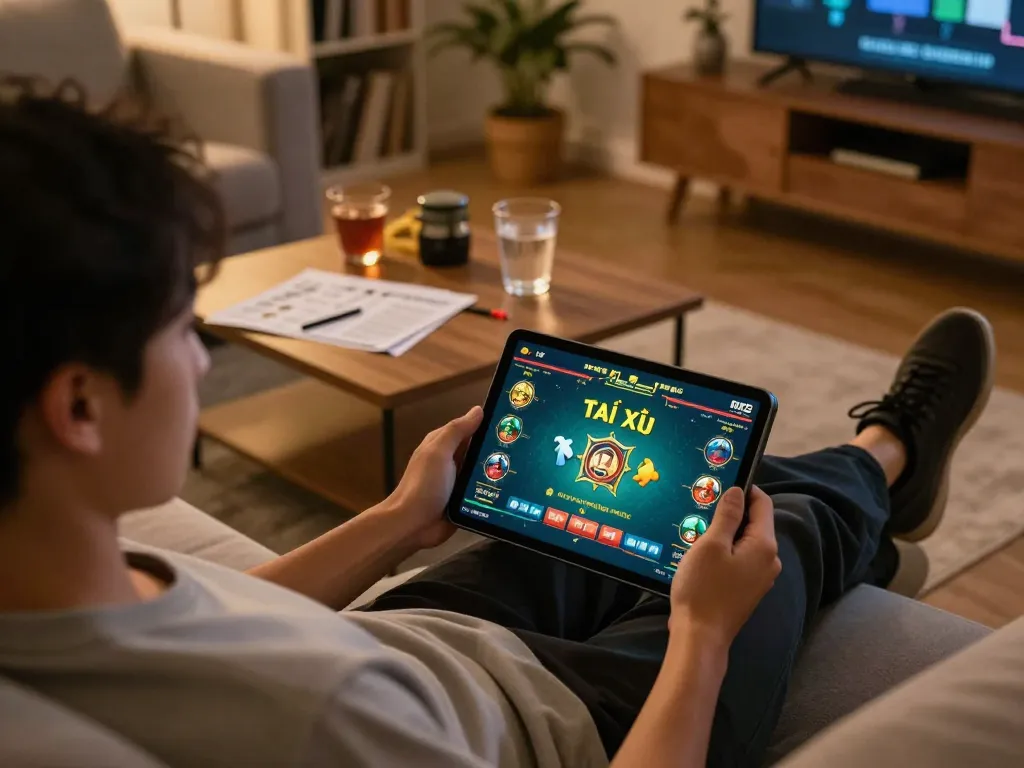Player engaging in Tài xỉu MD5 on tablet, showcasing casual home gaming strategy.