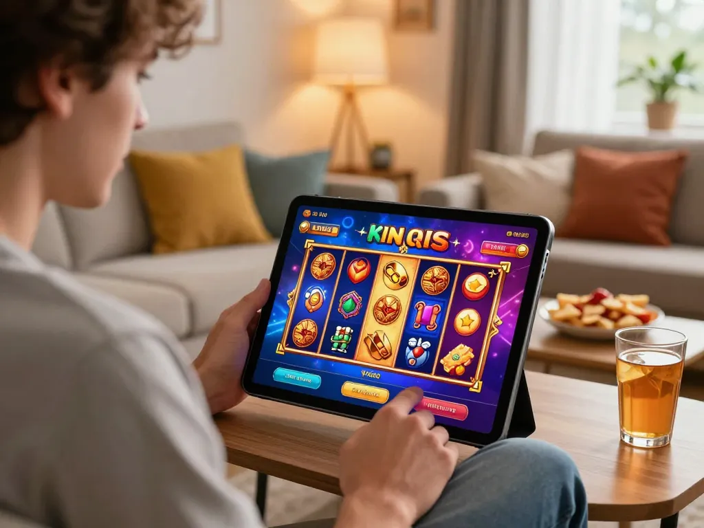 Player enjoying rikvip online gaming experience on a tablet in a cozy living room.