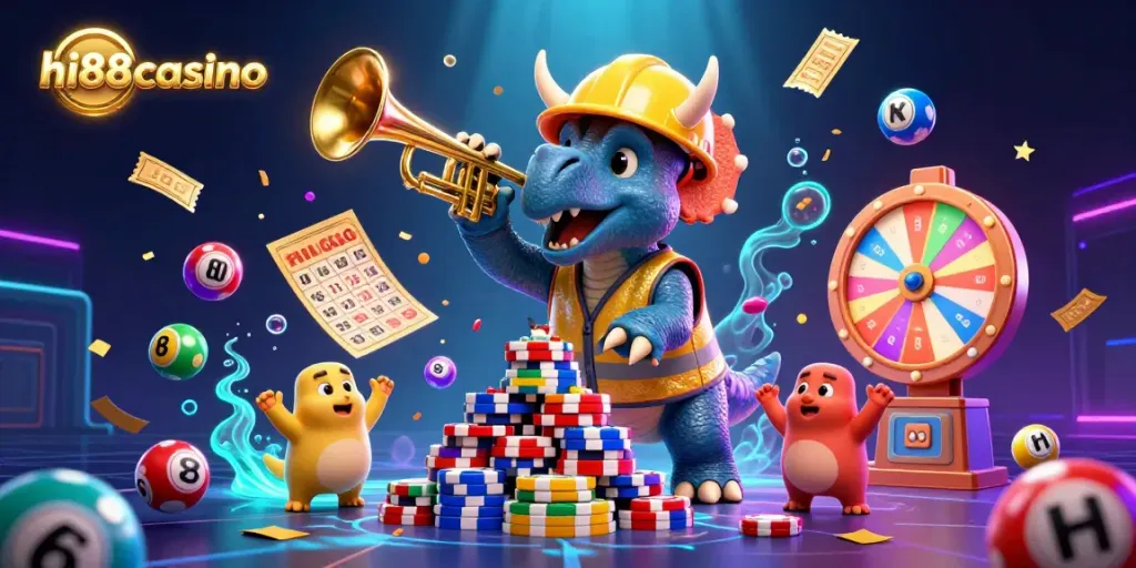 Experience thrilling moments at hi88casino with a lively illustration of characters celebrating gaming victories.