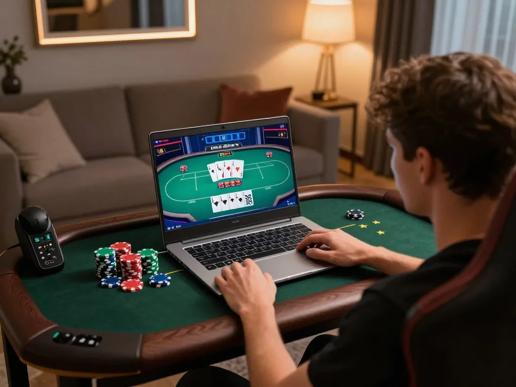 Engaging in high-stakes poker on luck8's advanced online gaming platform at home.