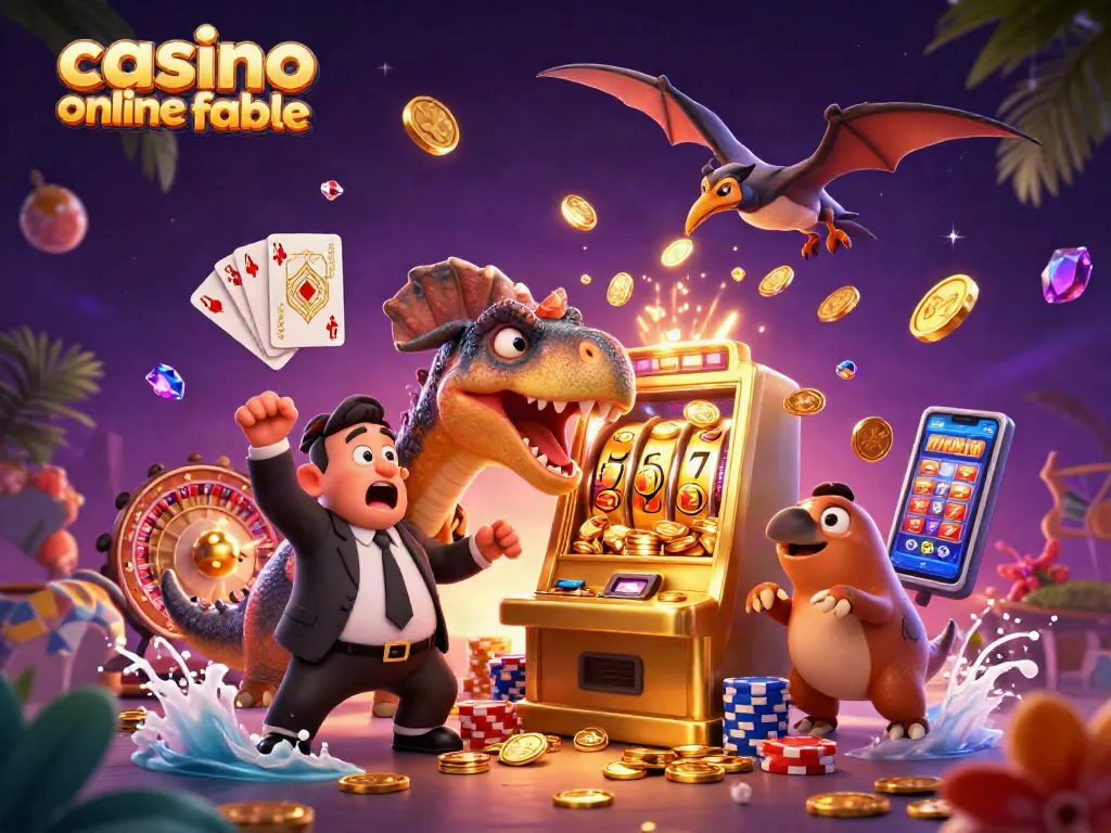 Gana jackpot en un casino online fiable mientras un dinosaurio celebra y monedas doradas vuelan.