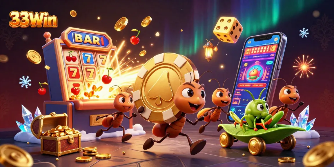 Experience 33Win's vibrant online casino world as ants embark on a heist with golden chips.