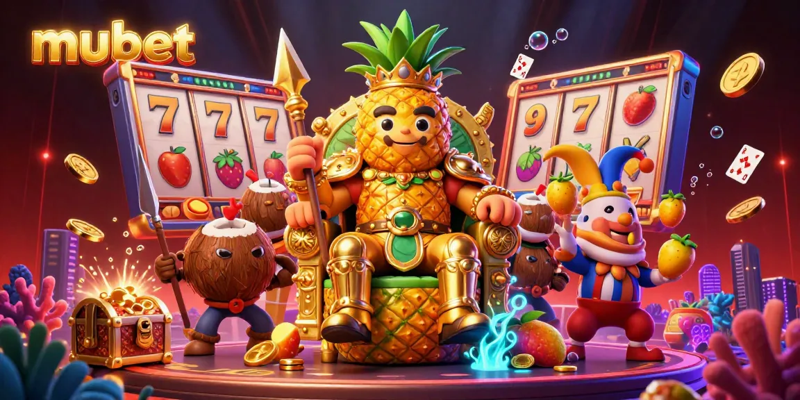 Experience mubet's vibrant casino world with a golden pineapple king amidst floating slot reels.