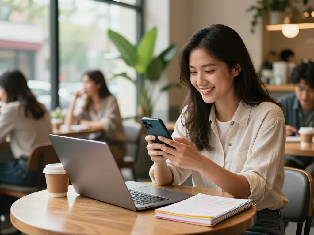 Explore online shopping experiences at https://hubet88.icu/ with a woman enjoying product browsing in a cozy café.