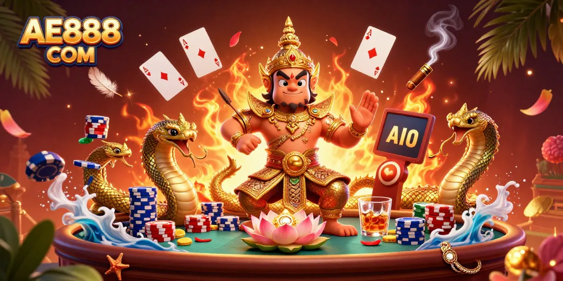 Experience AE888 COM's vibrant gambling universe with lively characters in a dynamic casino scene.