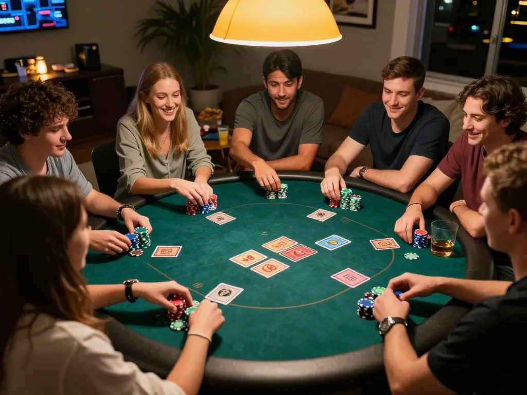 Engaged players strategizing in a lively poker game, enhancing their keonhacai experience at home.