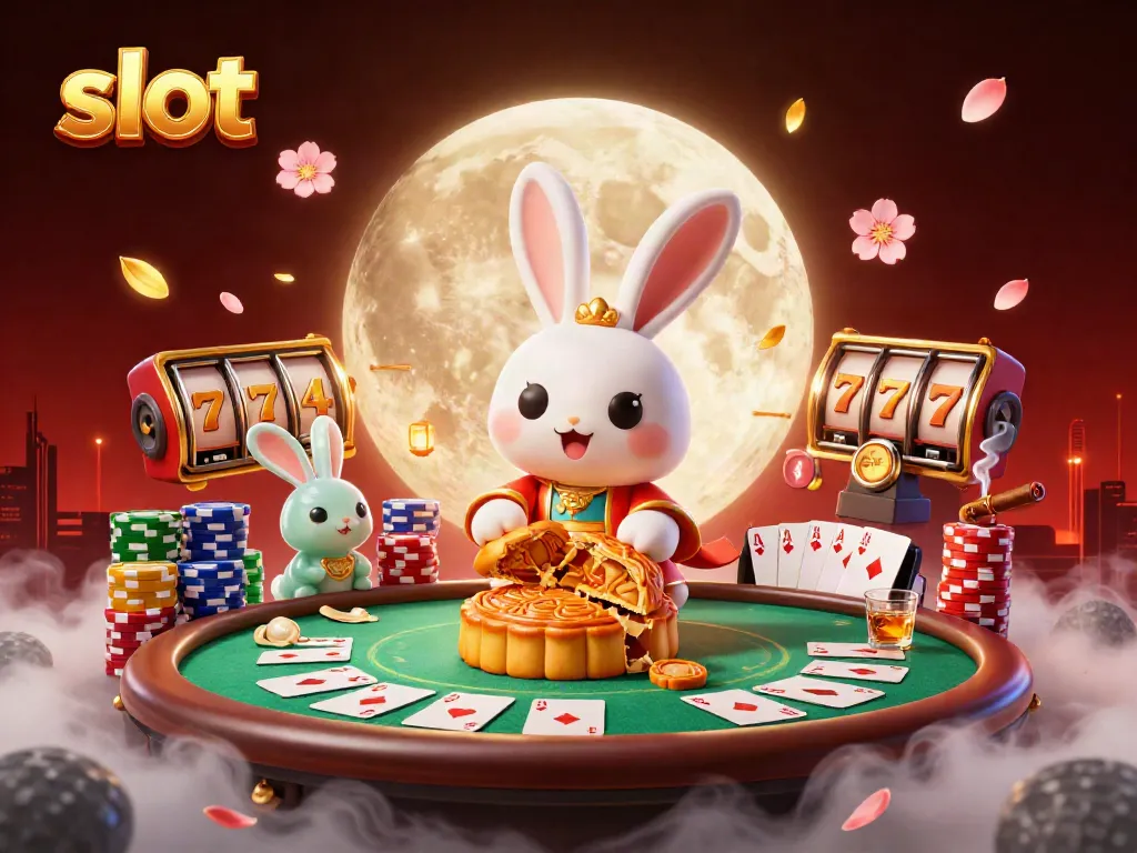Experience thrilling slot gaming with a cartoon moon rabbit and jade companion amidst vibrant casino elements.