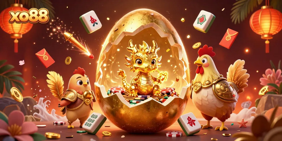 Experience the thrill of xo88 casino with a golden dragon among poker chips and festive elements.