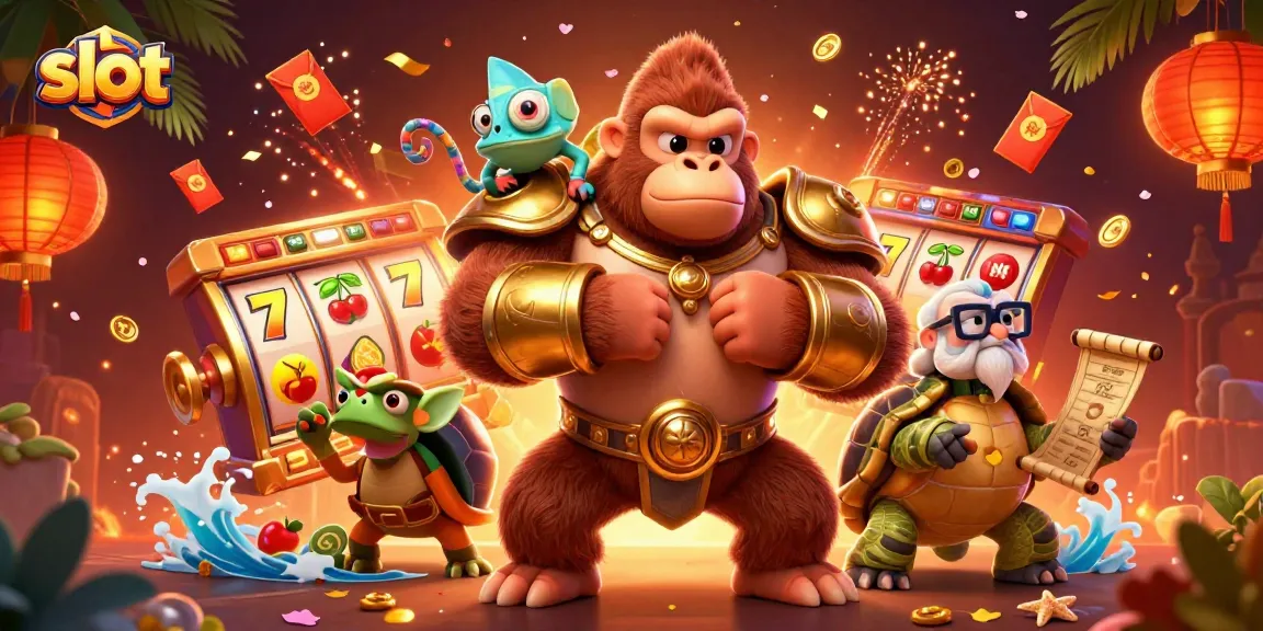 Spin vibrant slot reels with a powerful gorilla, a colorful chameleon, and a wise tortoise amidst dynamic casino elements.