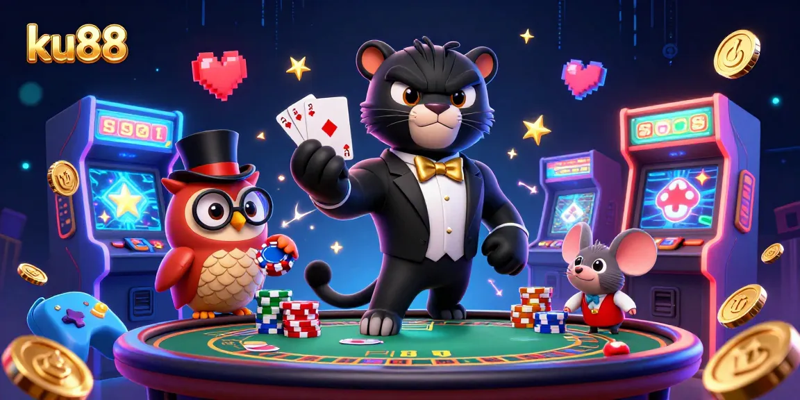 ku88 showcases an elegant panda dealer amidst a lively casino scene, engaging players with vibrant elements.