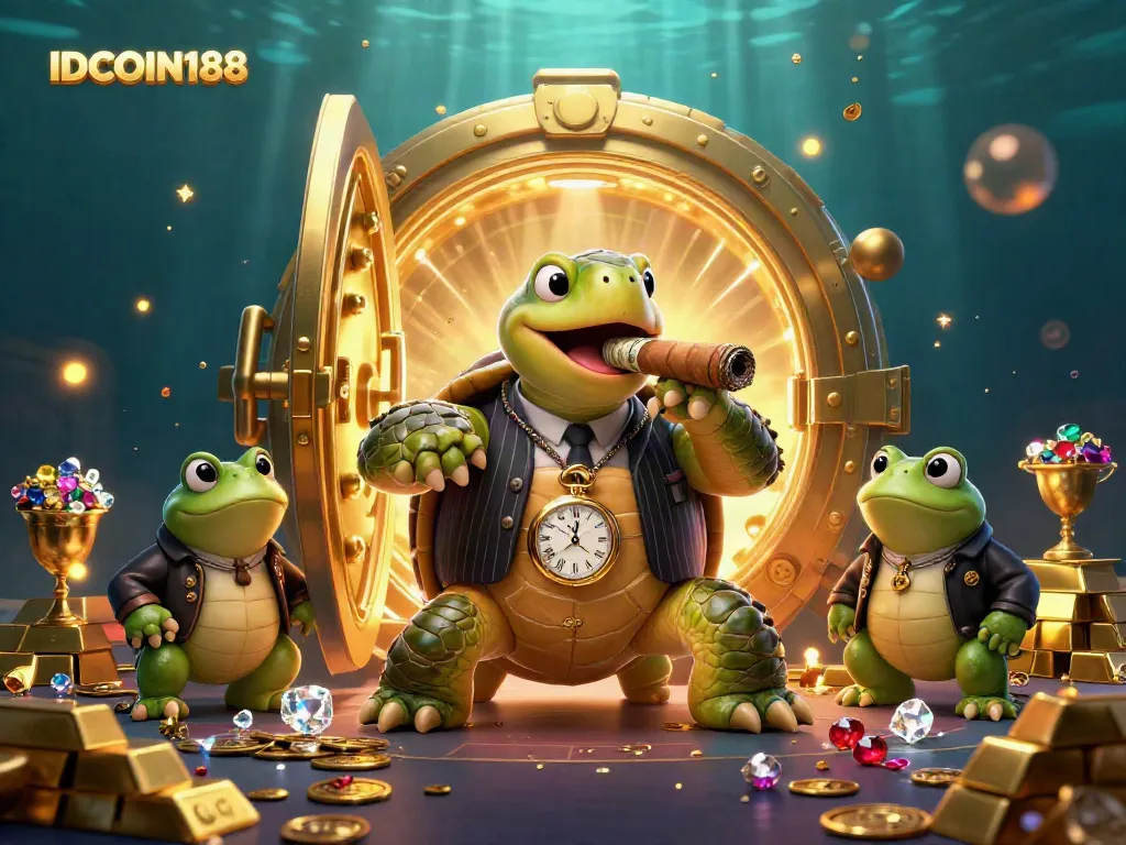 IDCOIN188 scene with a snapping turtle mobster and bullfrog enforcers surrounded by vast treasures and casino lights.