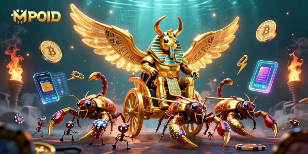 MPOID captures an exciting online gaming adventure with golden scarab and scorpions amidst crypto elements.