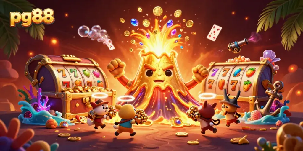 Experience the thrill of pg88 with a vibrant, treasure-filled volcano erupting coins and gems.