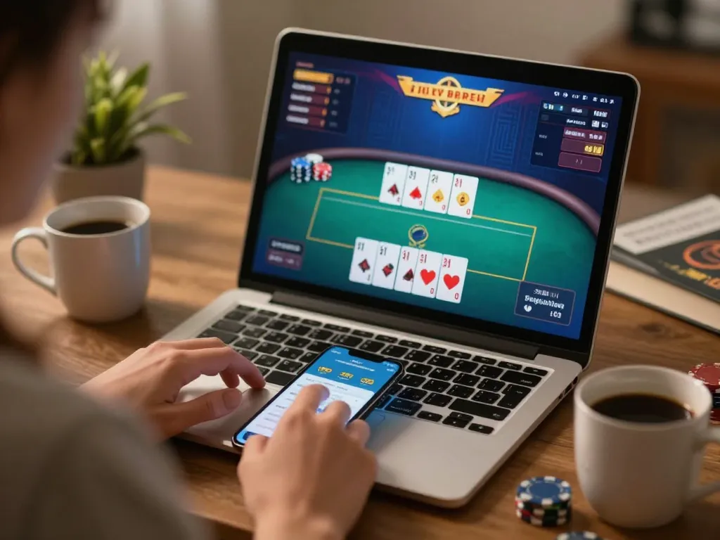 Engaging in a strategic poker session online at 88betcom with vibrant gaming visuals and personal touches.